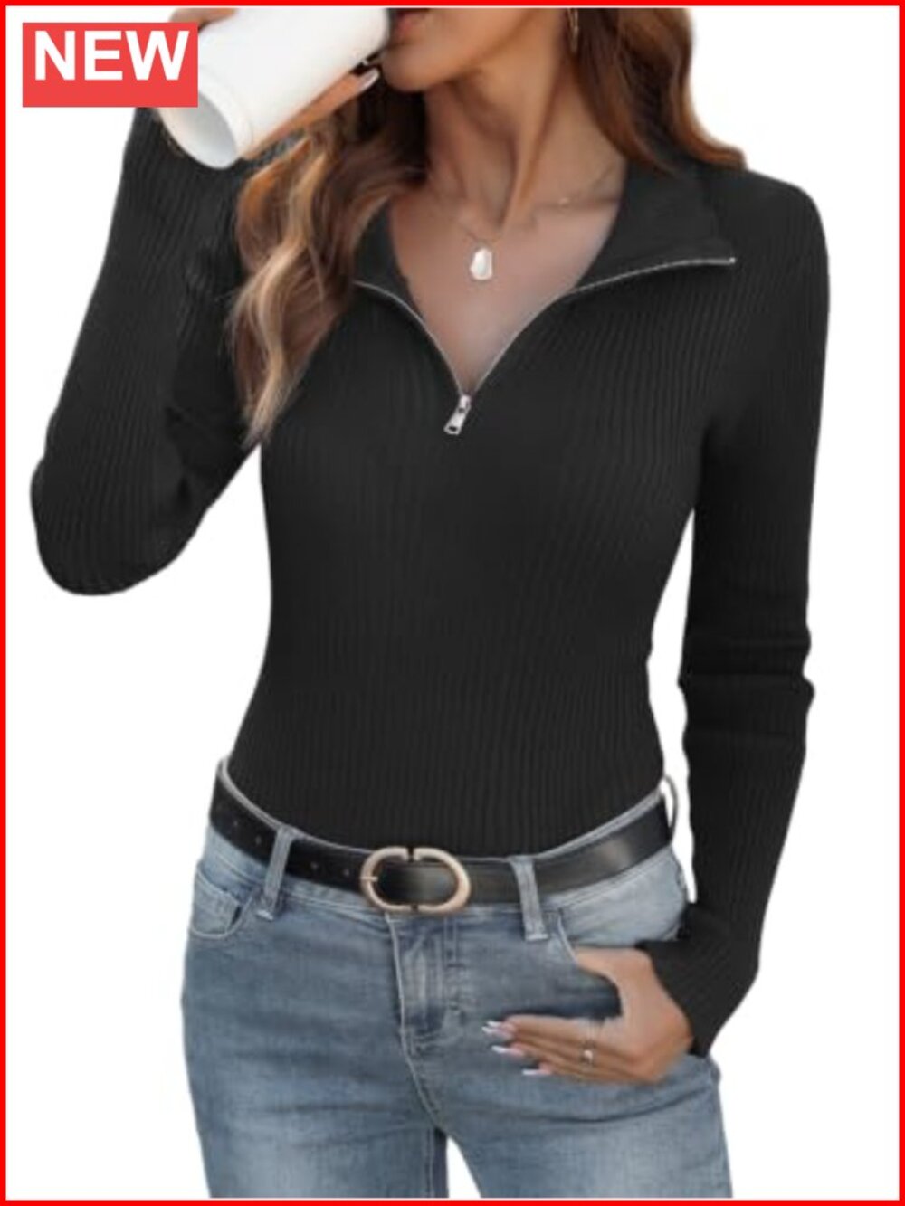 Womens Quarter Zip Fitted Knit Sweater Long Sleeve Business Casual Pullover